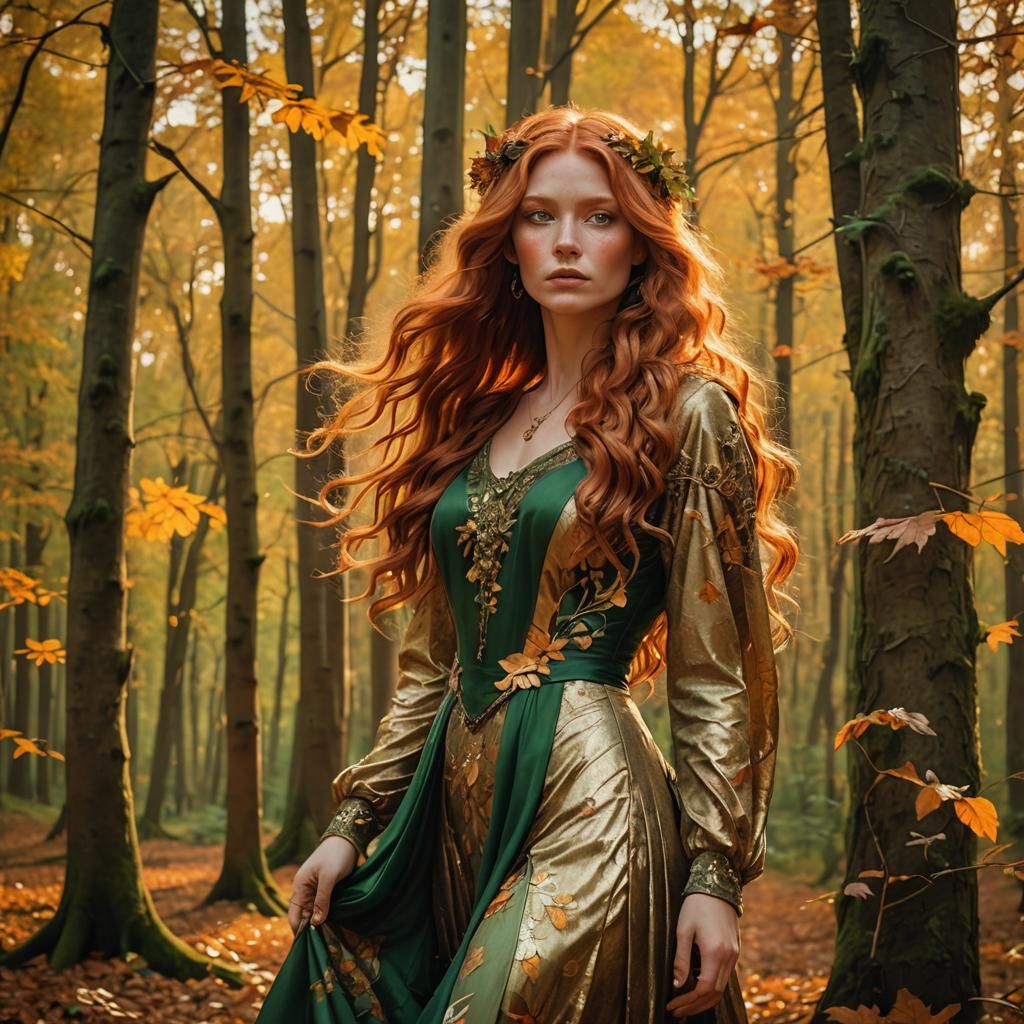 Red-Haired Woman in Autumn Forest, Mucha Style