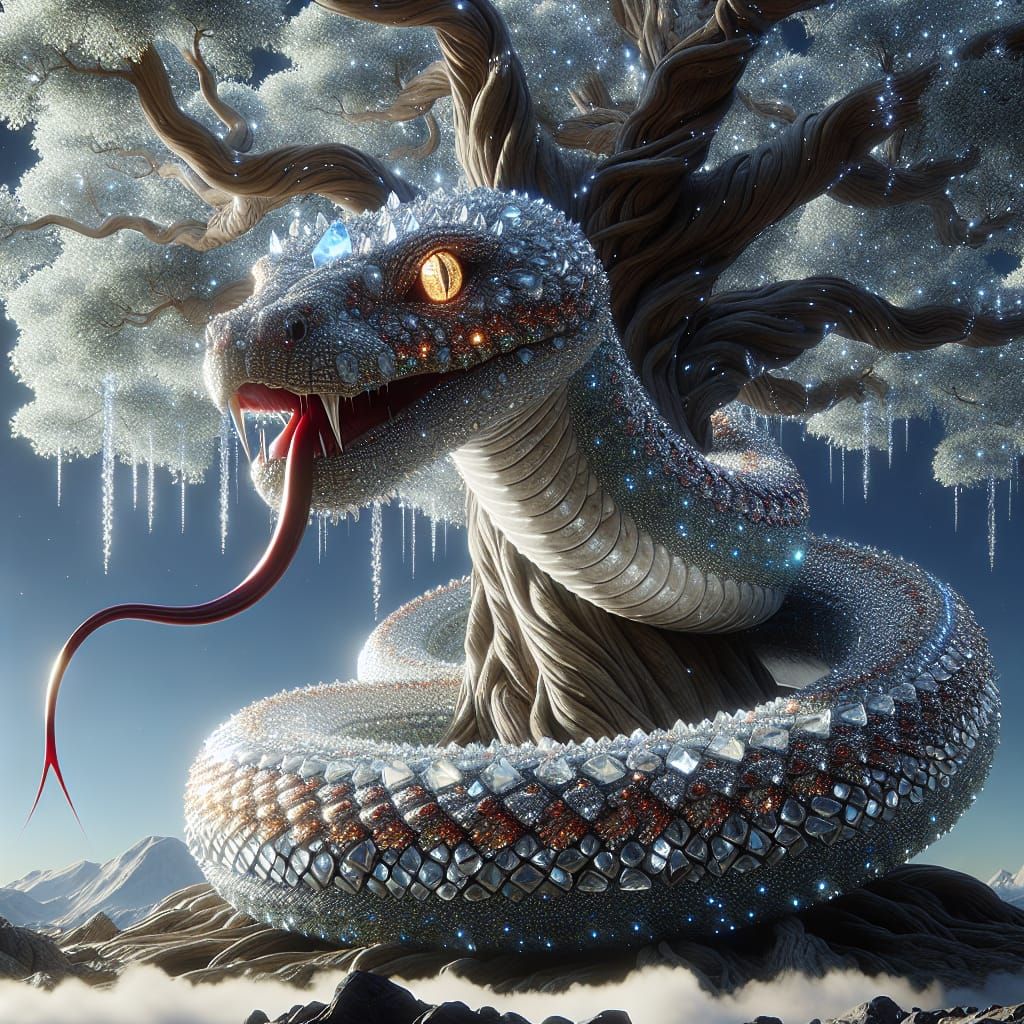 Crystal Serpent Defends the World Tree in Fantasy Mythology