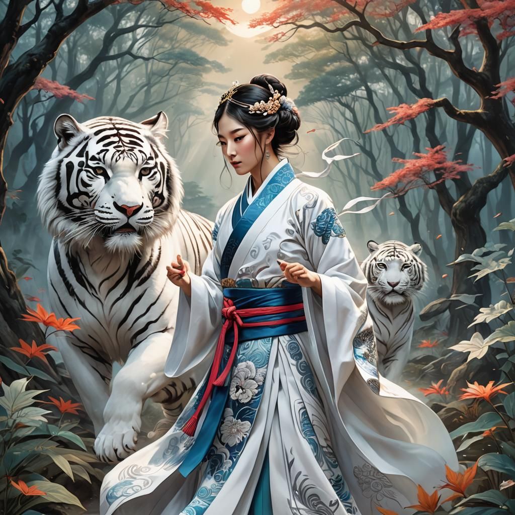Korean Person and White Tiger Spirit in Mystical Forest