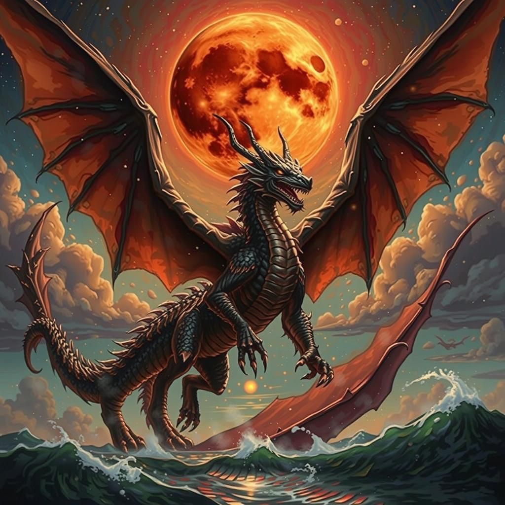 (A full body Dragon with large wing span with golden liquid scales.10.00) (Flying over an ocean with a giant red  moon a...