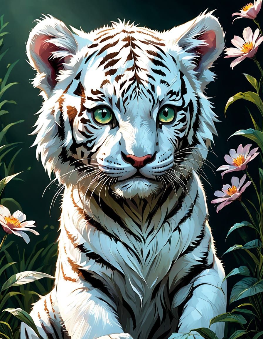 Adorable Albino Tiger in Vibrant Floral Spring Scene, Digita...