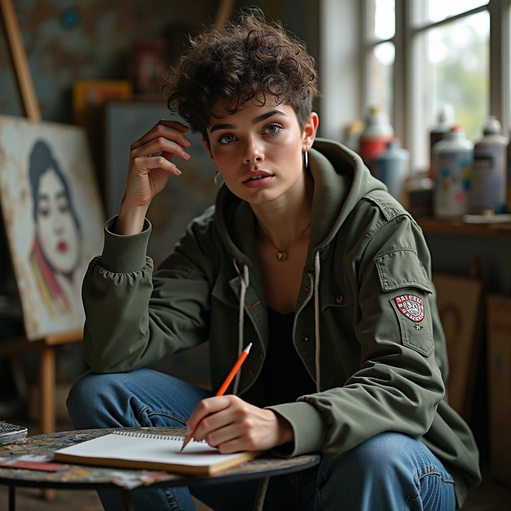 Confident British Streetwear Icon in Art Studio