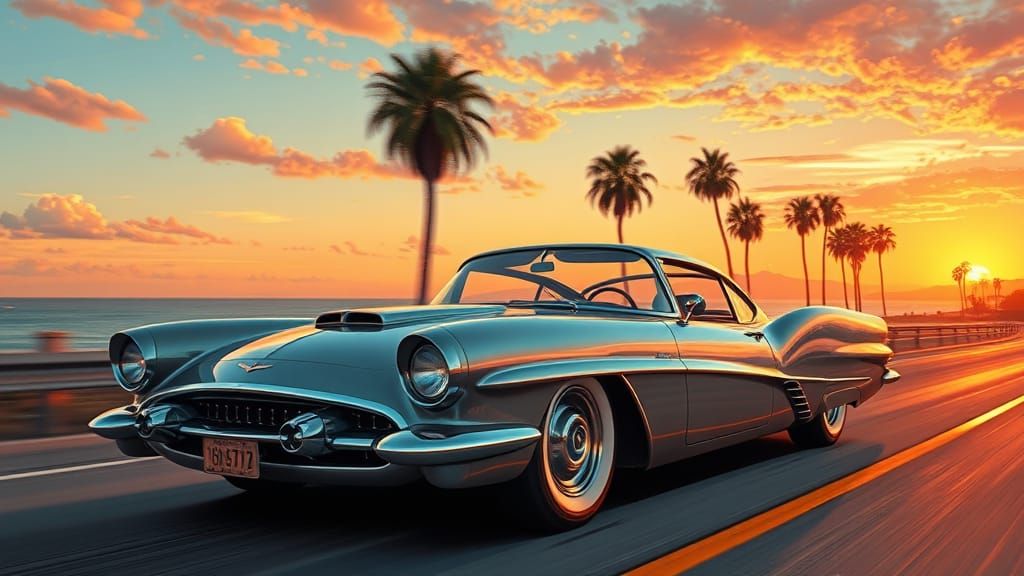 Retro-Futuristic Car on Coastal Highway, Comic Book Art