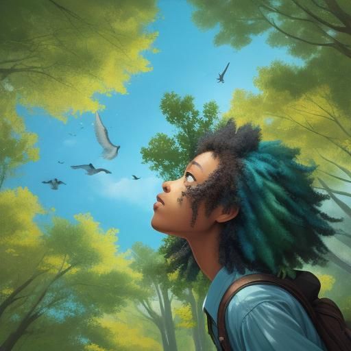Black Girl Gazing at Forest Birds, Watercolor Style