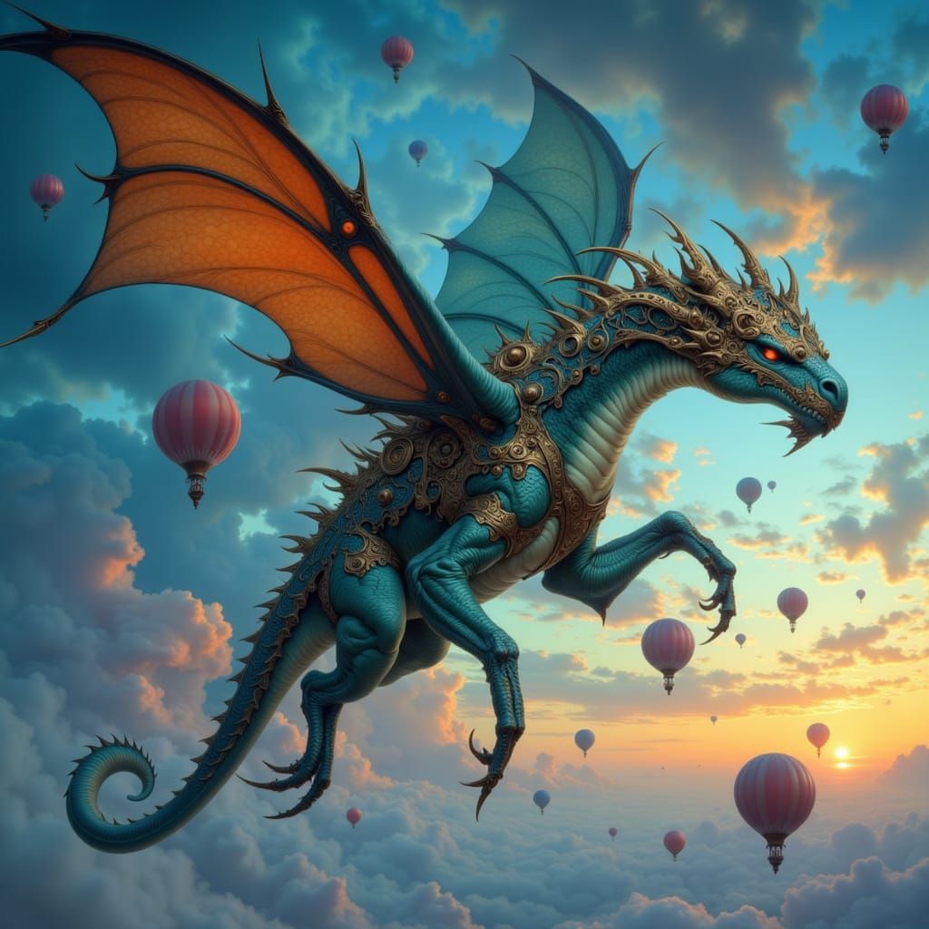 Steampunk Dragon Soars Amidst Twilight Hot Air Balloons