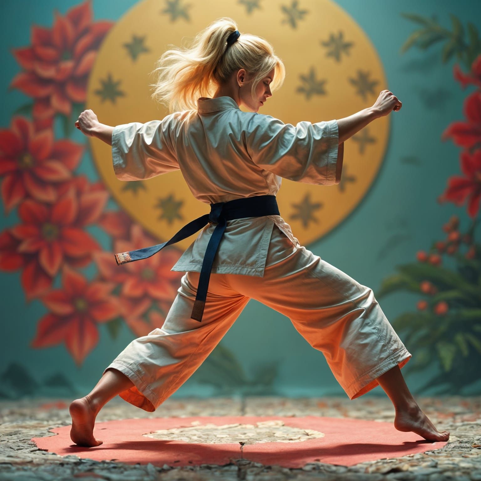 Hyperrealistic Woman Performing Roundhouse Kick in Gi
