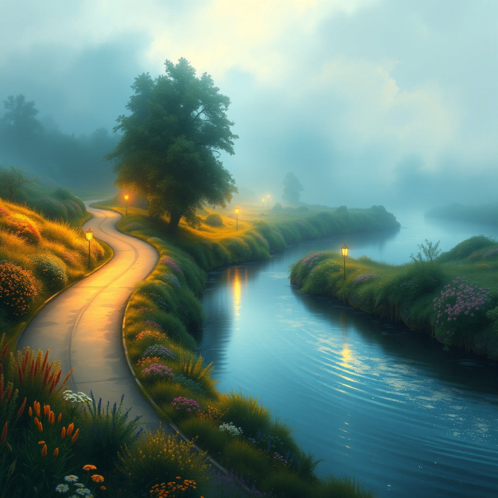 Idyllic River Road Landscape in Impressionist Style