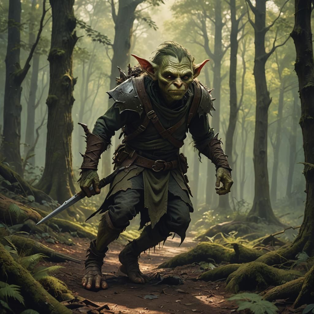 Goblin Rogue Stealthily Walks in Forest