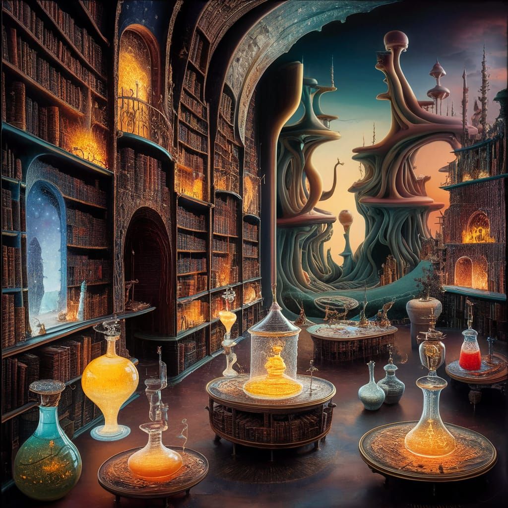 Surrealist Enchanted Library in Whimsical Magical World