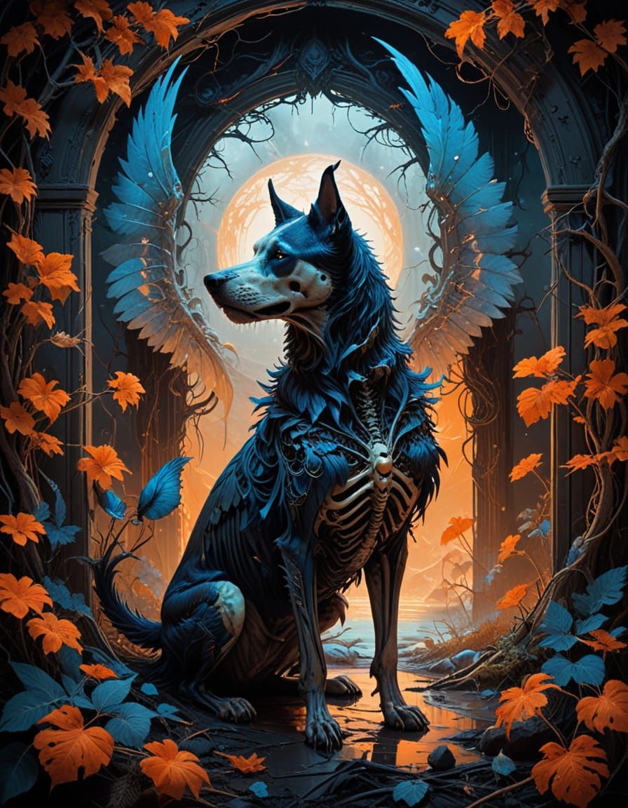 Majestic Cursed Canine in Gothic Armor, Haunting Dark Fantas...