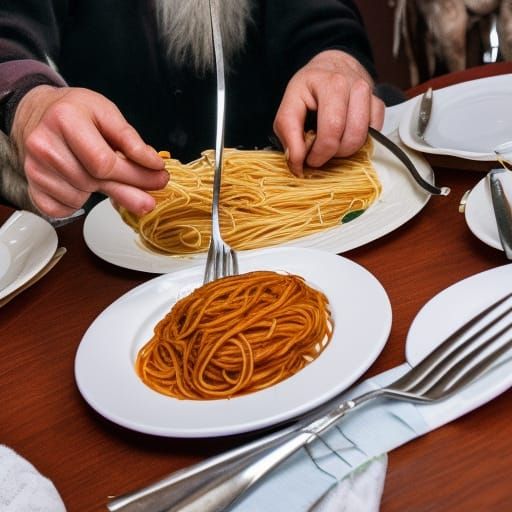 Person Eats Spaghetti with Sheep Using Giant Fork