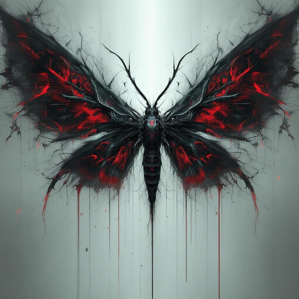 Dramatic Blood Moth with Fractal Wings in Digital Painting S...