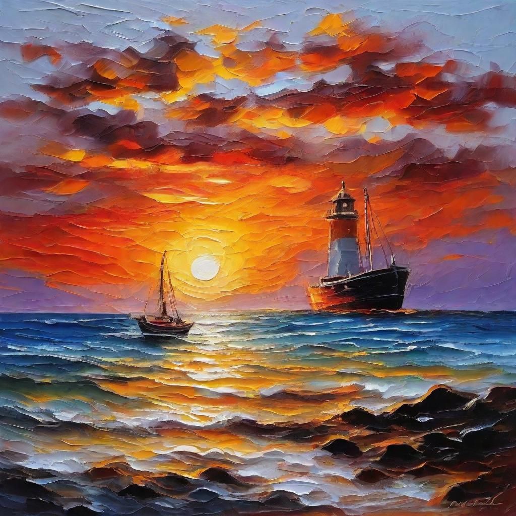 Fishing Boat at Sunset: Impasto Style Seascape