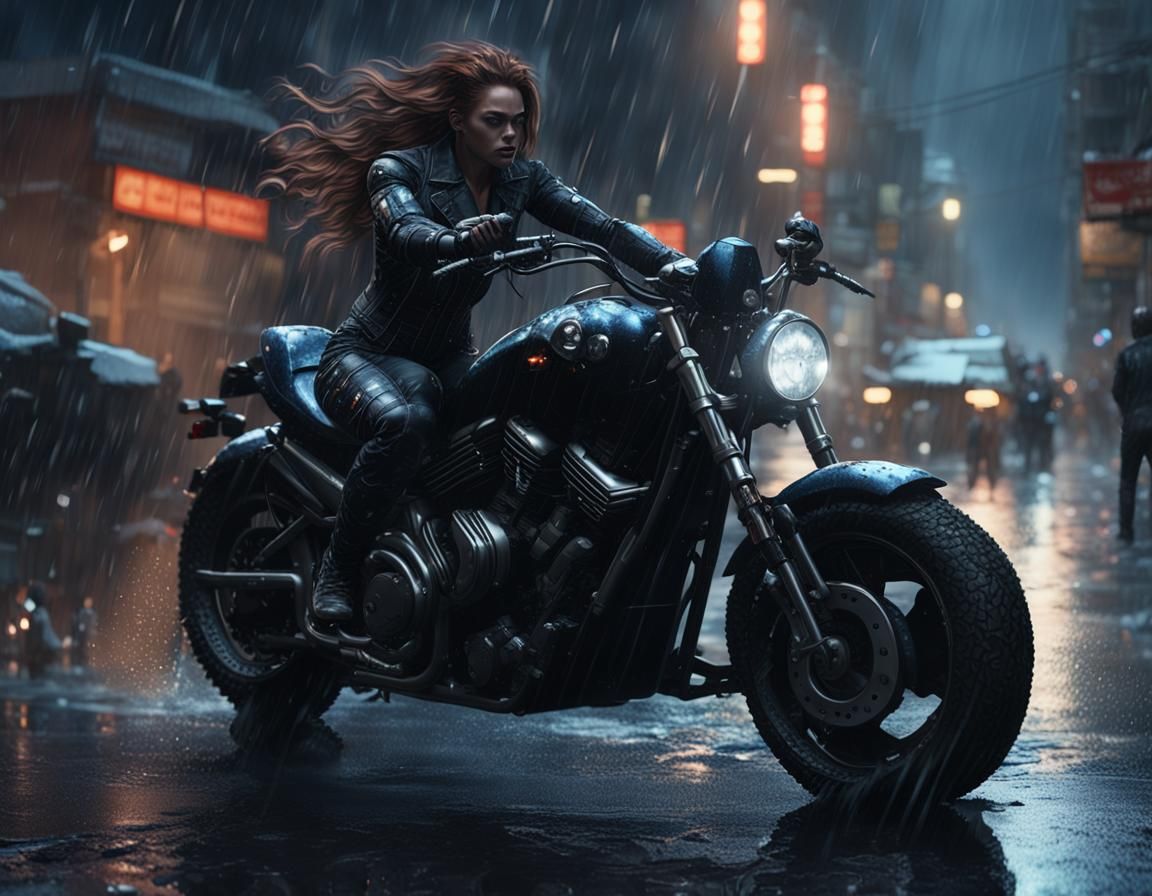 Goth Bodybuilder on Motorcycle in Gritty City