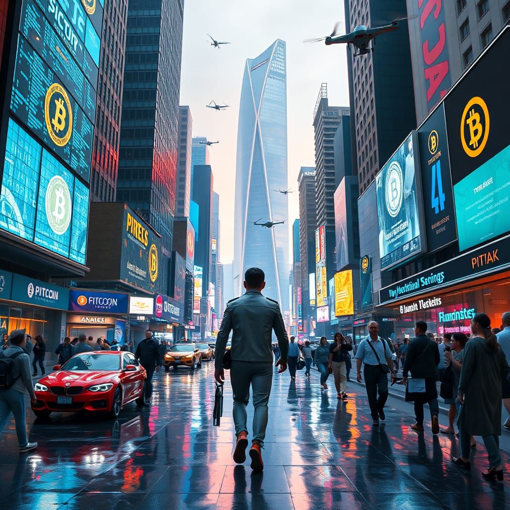 Futuristic Cityscape with Bitcoin and High-Tech Style