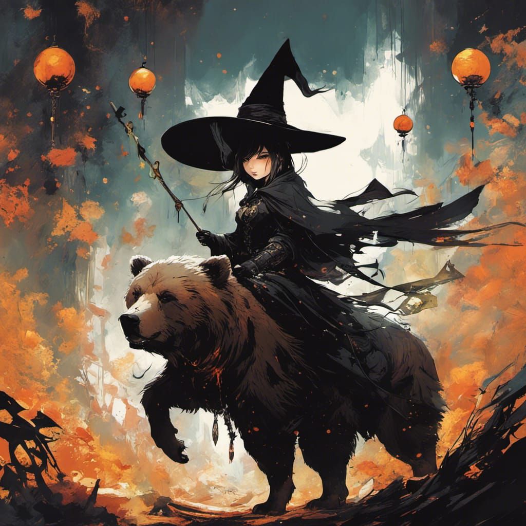 Chibi Witch Rides Grizzly Bear: Digital Art