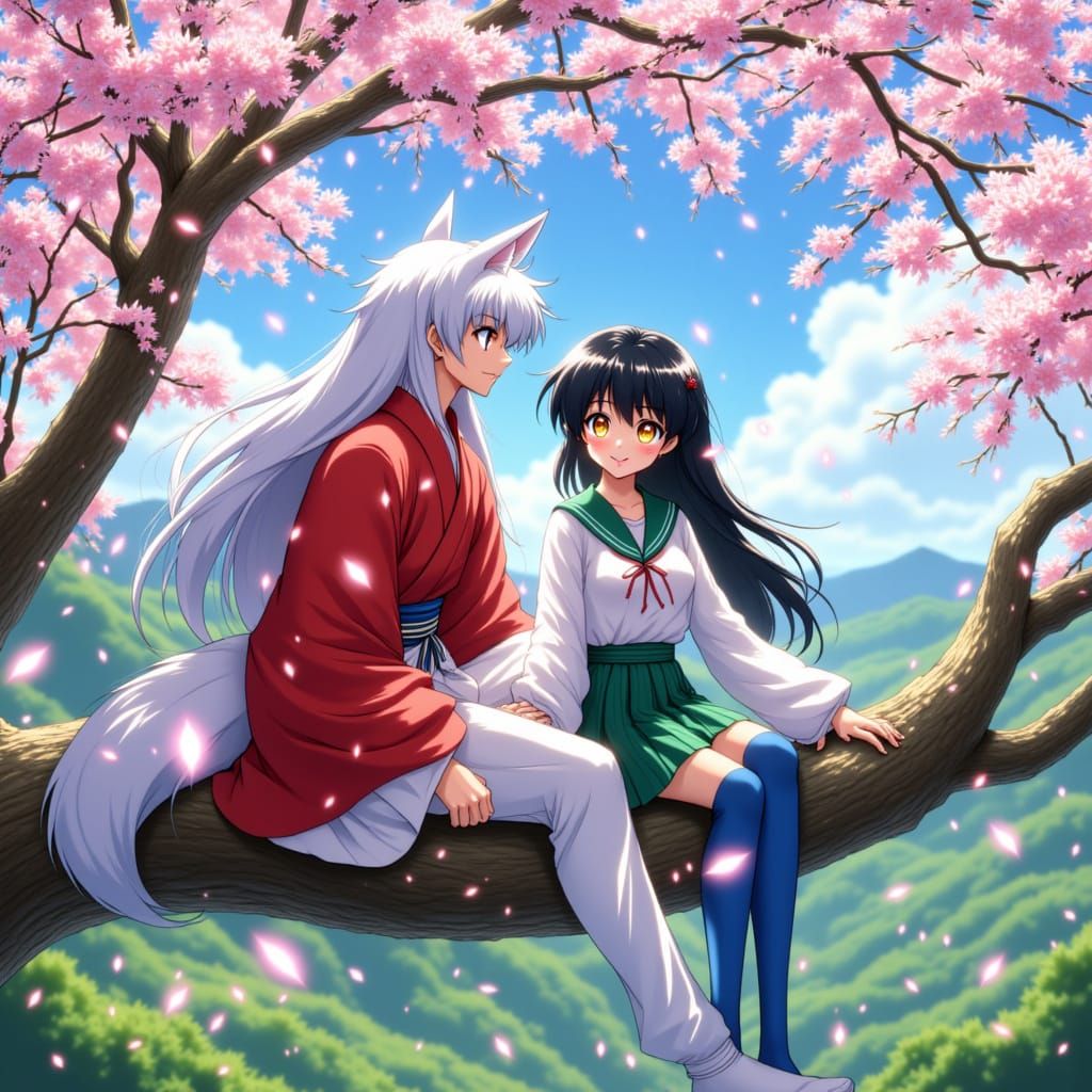 Anime Couple Inuyasha and Kagome Under Cherry Blossoms