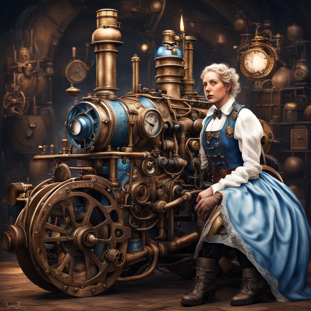 Steampunk Engine with Christmas Theme in White and Blue