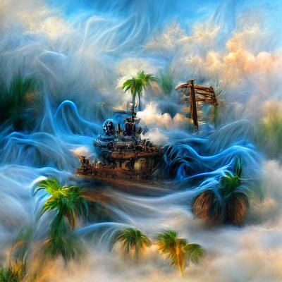Pirate Ship Approaches Tropical Island in Ethereal Oil Paint...