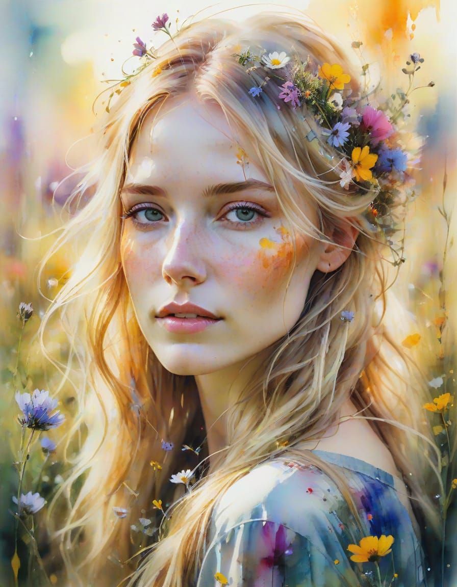 Ethereal Watercolor Portrait in Wildflower Meadow