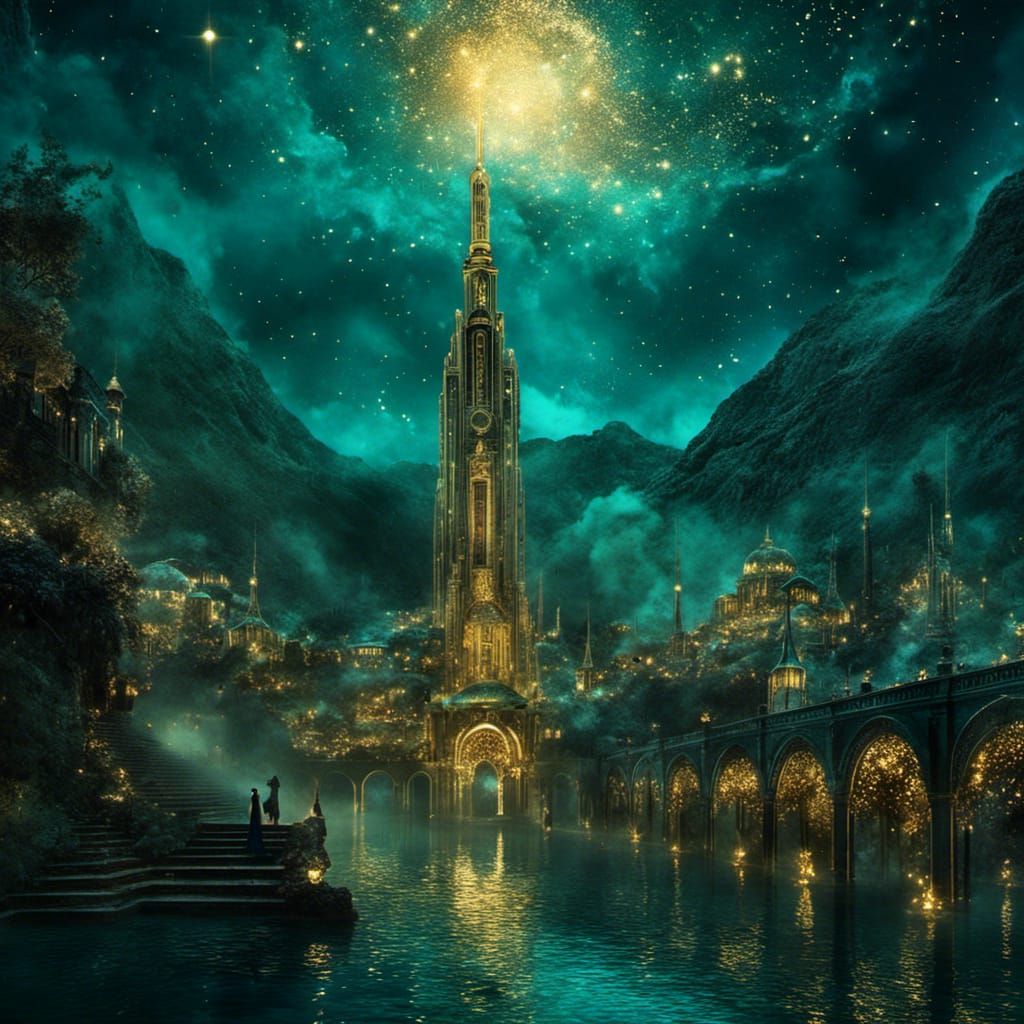 Dreamy City Night Skyline with Gilded Clock Tower