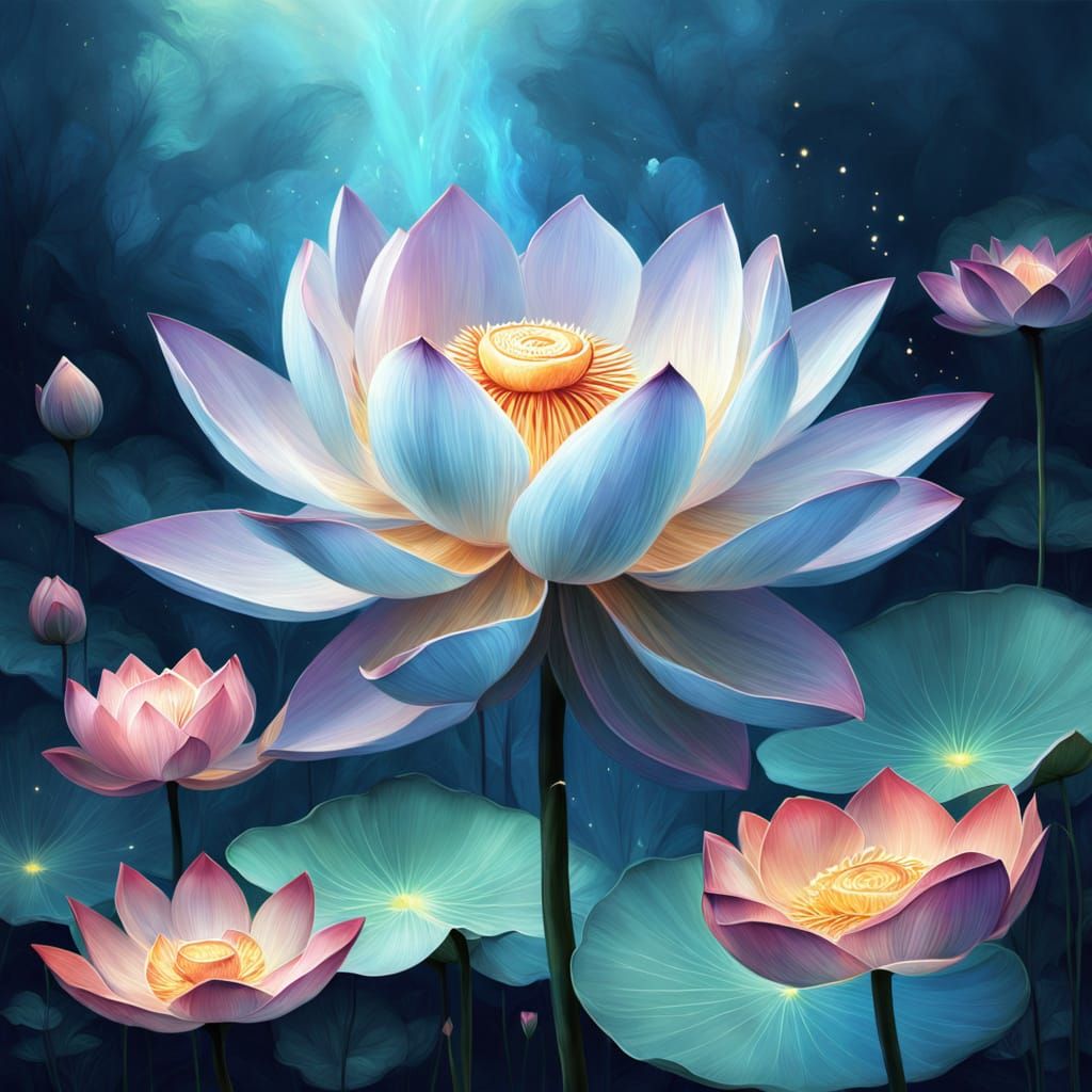 Dreamlike Lotus Blooms in Vibrant Fantasy Art