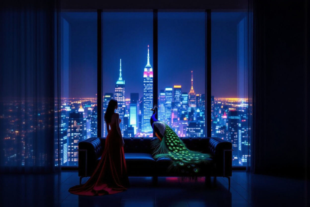 Woman and Peacock in Surreal Neon City Apartment
