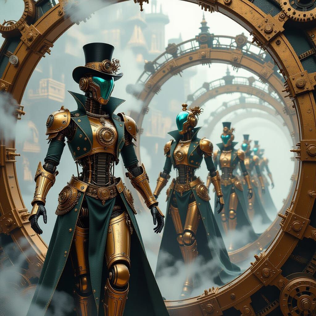 Steampunk Automatons Emerging from Gears in Hyperrealism