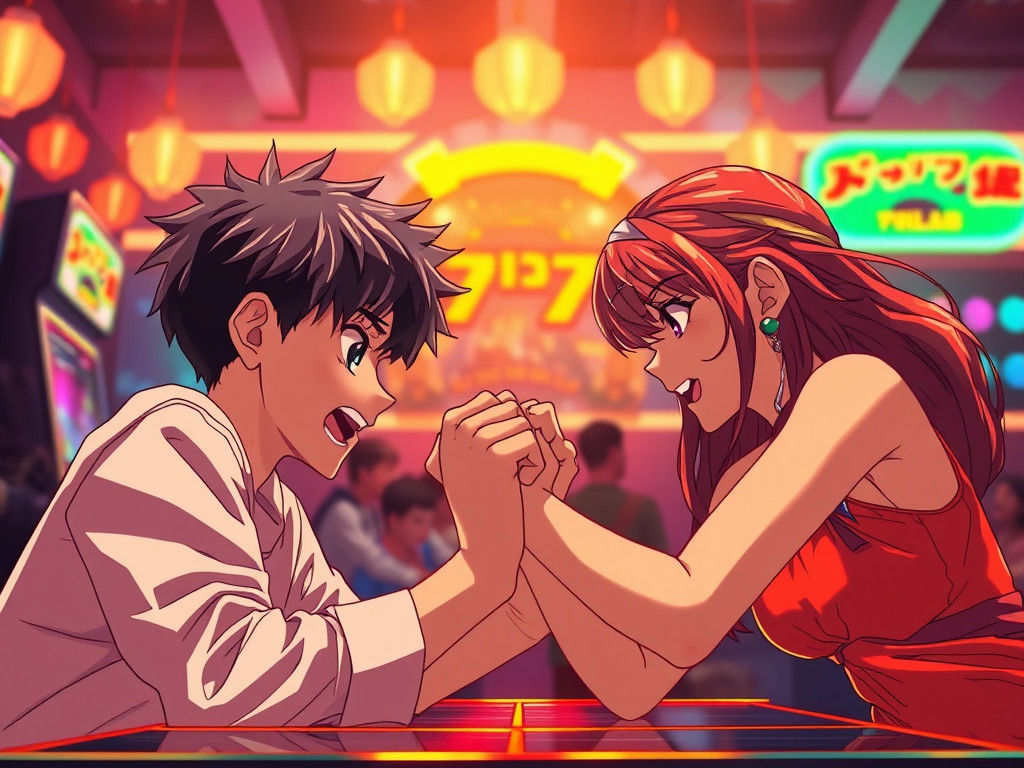 Anime Arm Wrestling Challenge in Futuristic Arcade