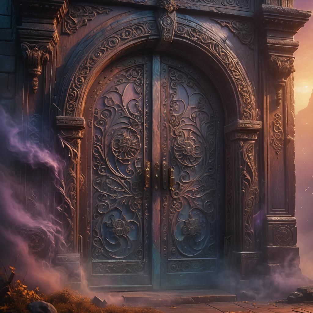 Mysterious Door Floating in Iridescent Mist: Fantasy Art