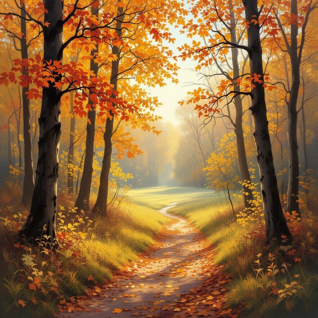 Golden Autumn Forest Path in Oil Painting Style