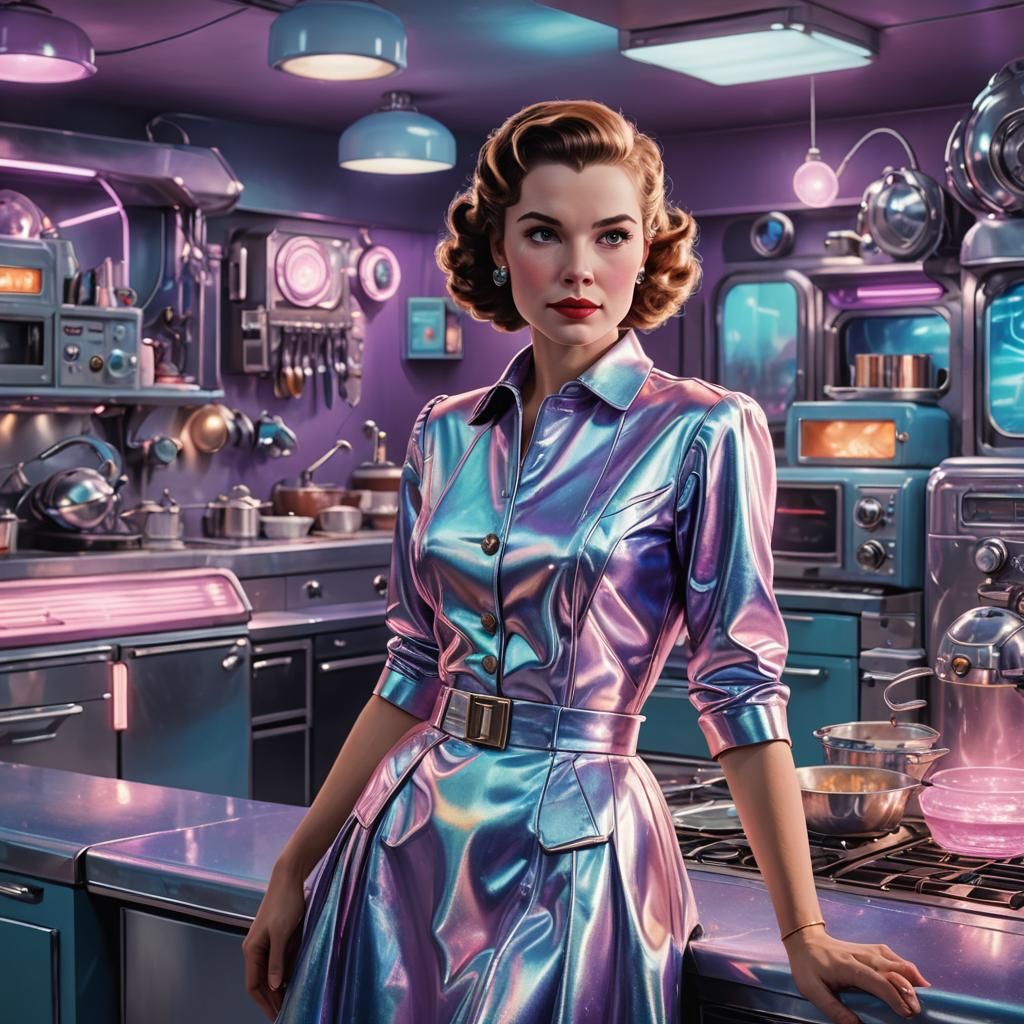 Retro-Futuristic Tradwife in Neon-Lit Kitchen