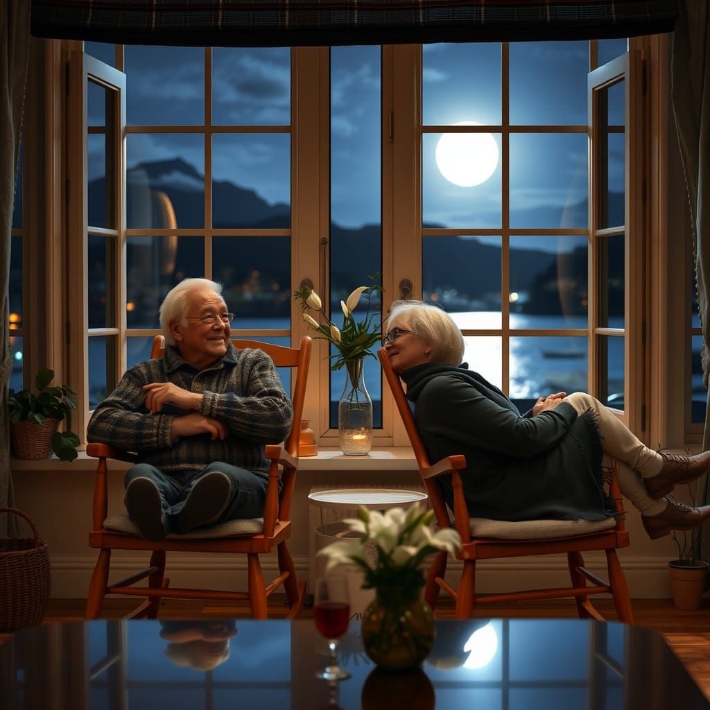 Cozy Night: Grandparents Enjoying Moonlit Harbour View