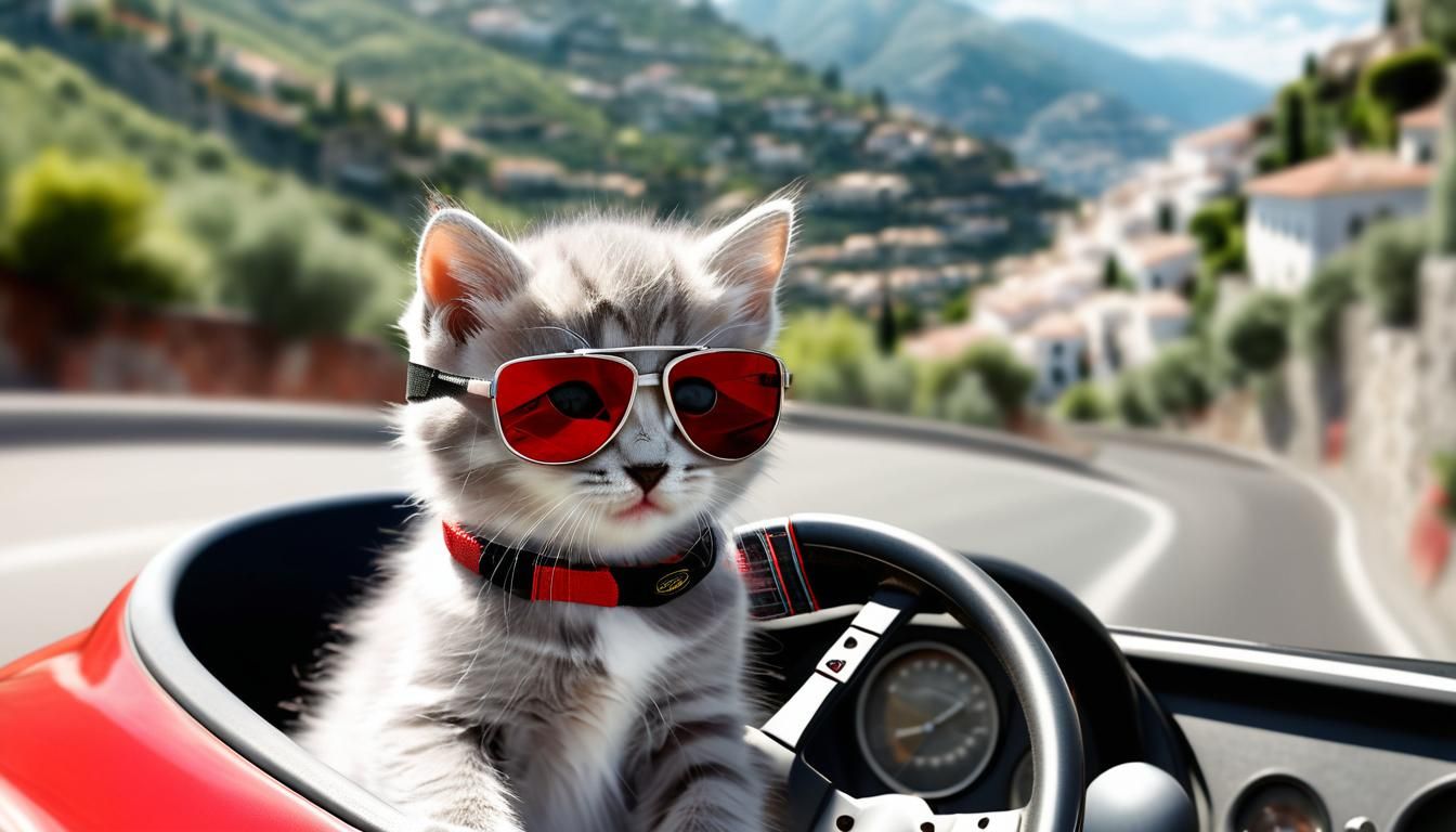 Kitten Drives Sportscar on Amalfi Coast Road