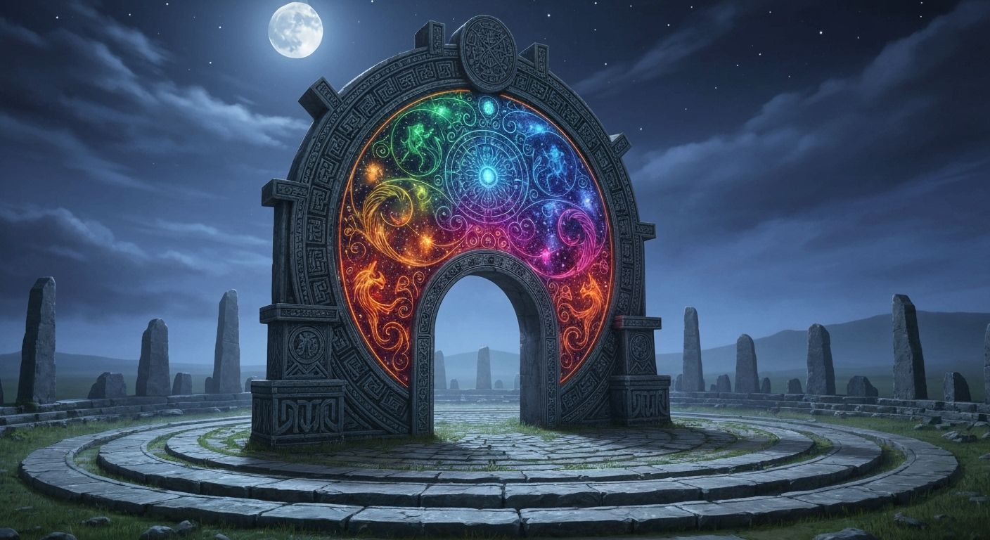 Colossal Moongate in Ancient Stone Circle Under Full Moon