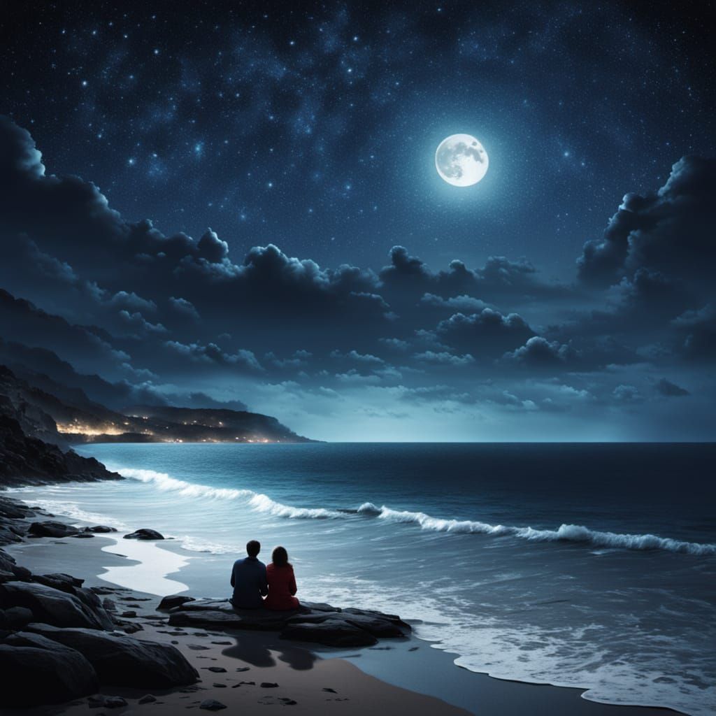 Romantic Moonlit Ocean View with Starry Sky