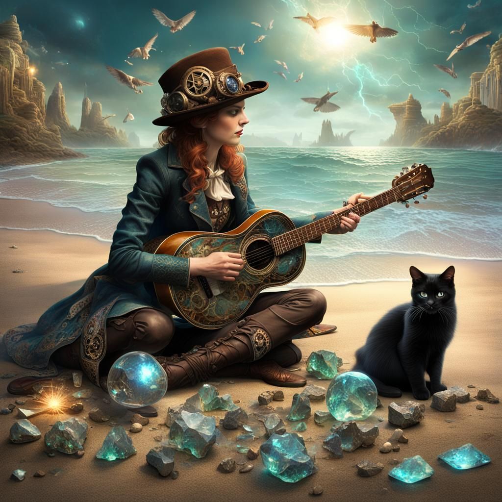 Steampunk Woman with Cat on Beach with Broken Glass Effect