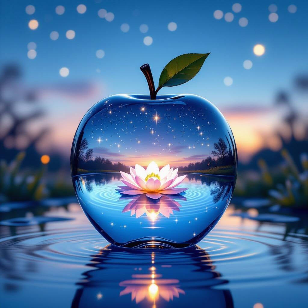 Glass Apple Fairy Pond Macro Photo in Comic Book Style