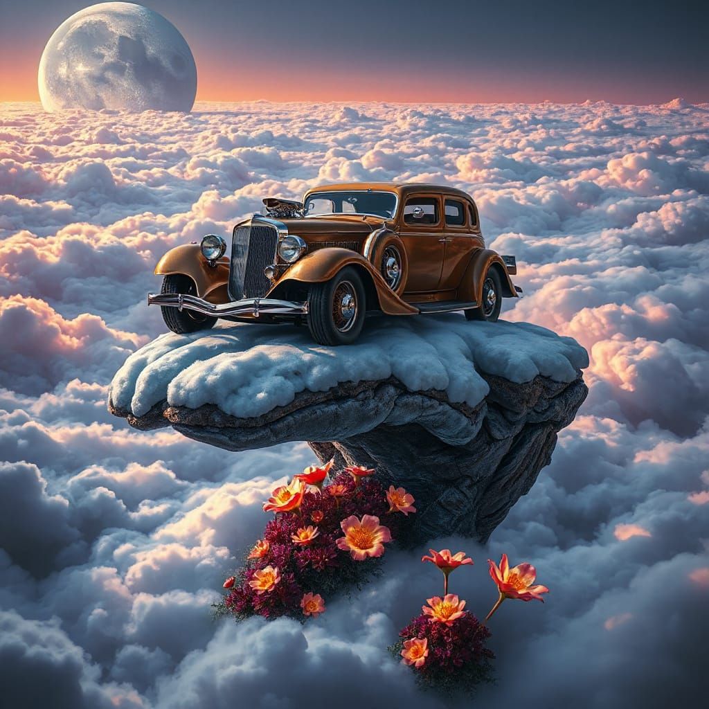 Hot Rod on Dog Paw Over Cloud Island, Surreal Folk Art