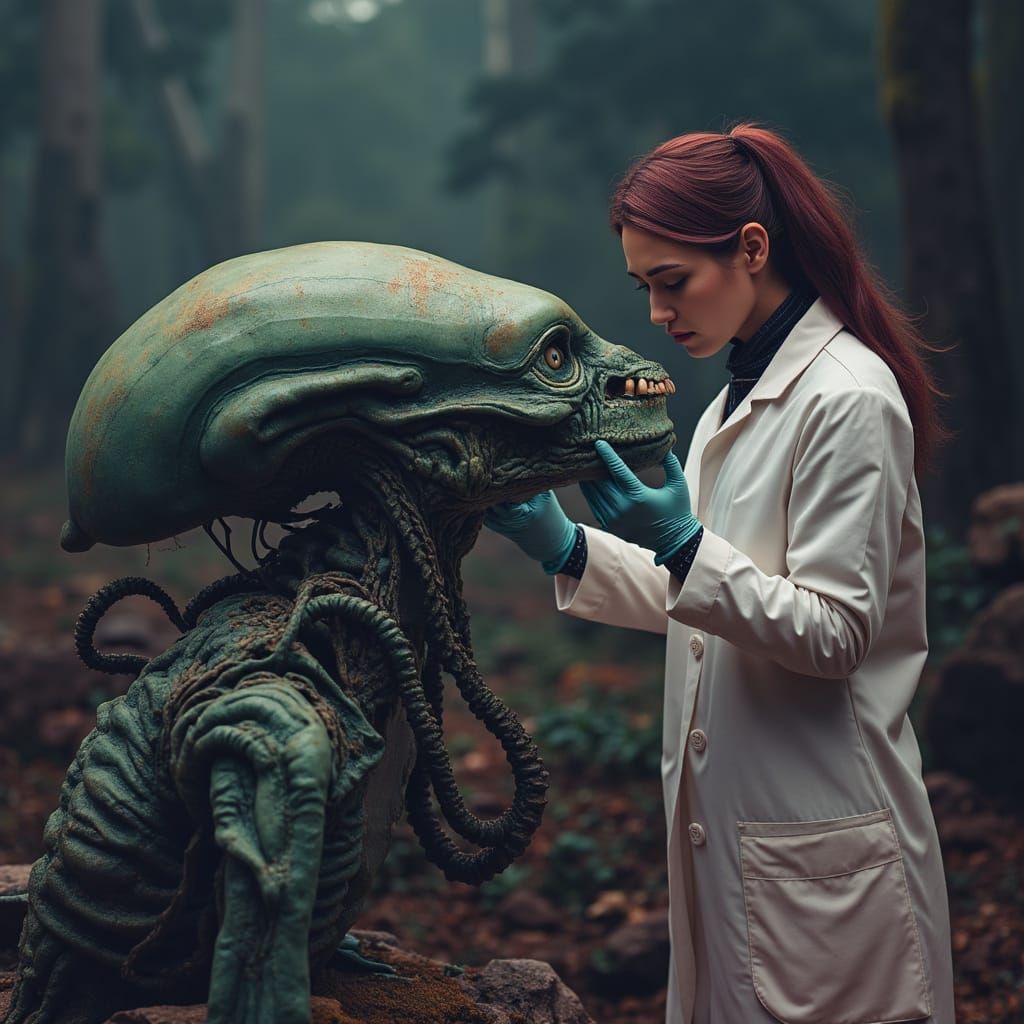 Scientist Examines Alien Corpse in Biomechanical Style
