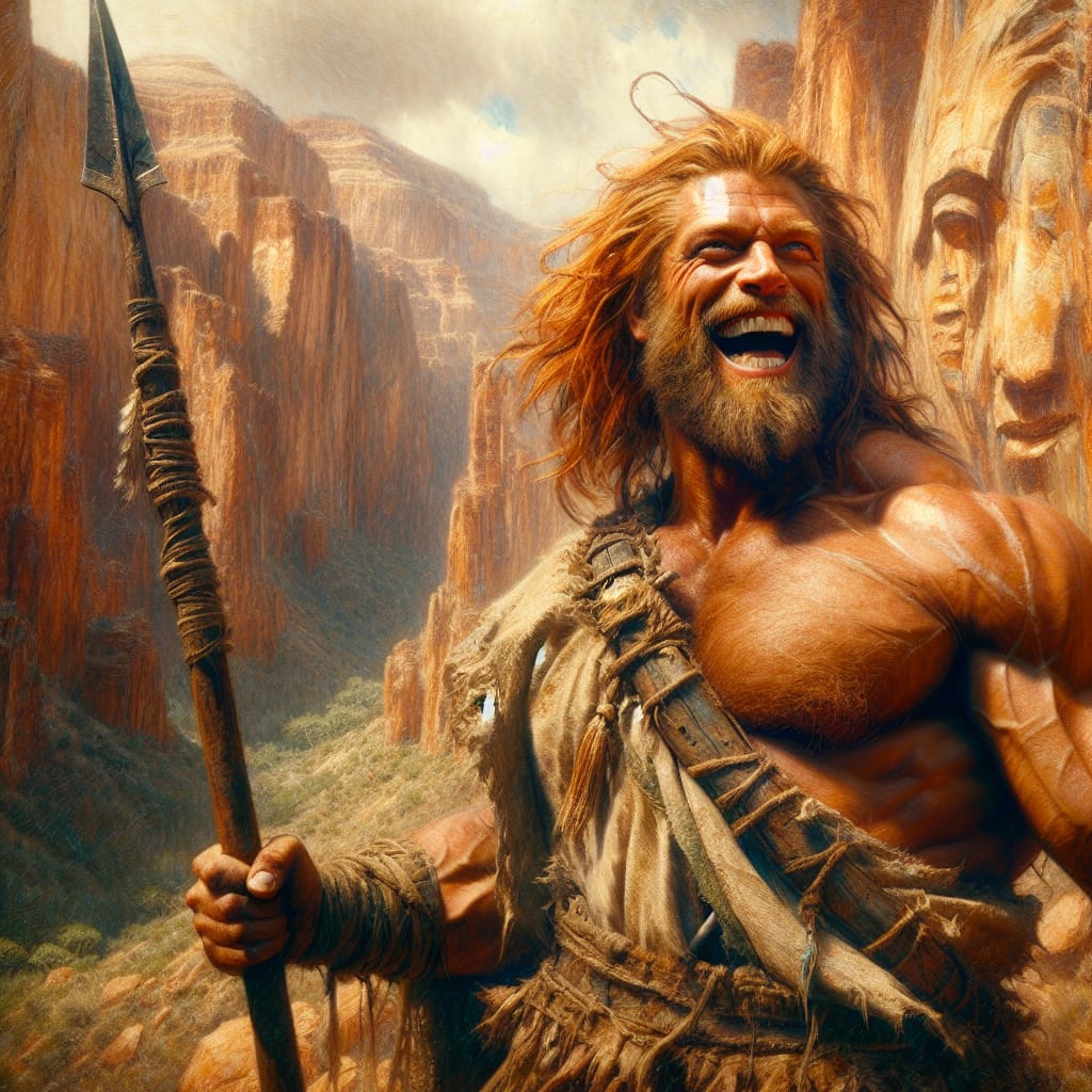 Joyous Redhead Giant in Western Canyon Oil Painting