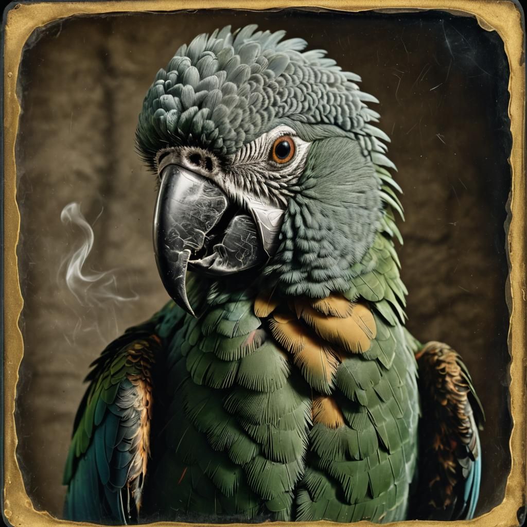 Parrot Smoking Cigar in Daguerreotype Style
