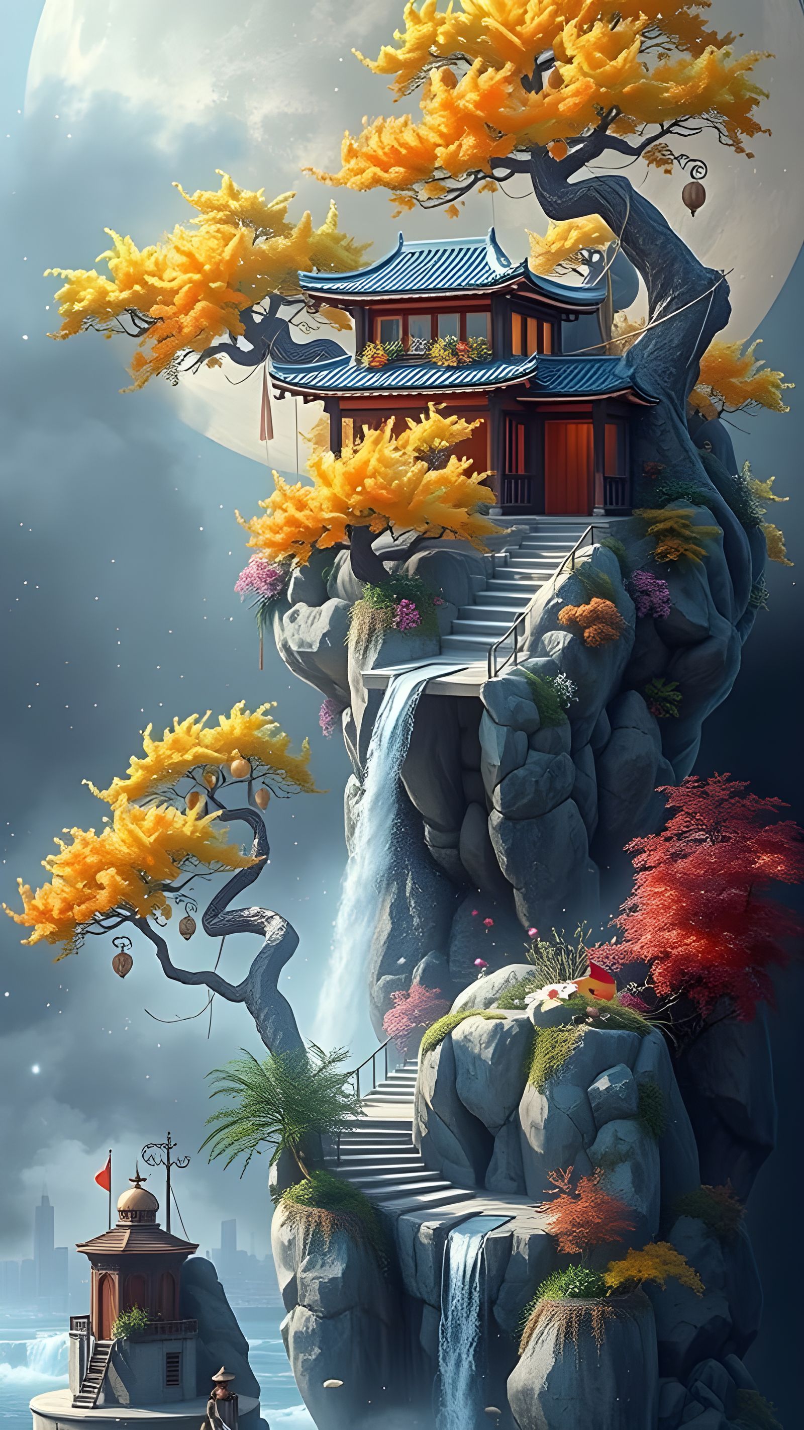 Floating Island With Bonsai Above City Under Giant Moon