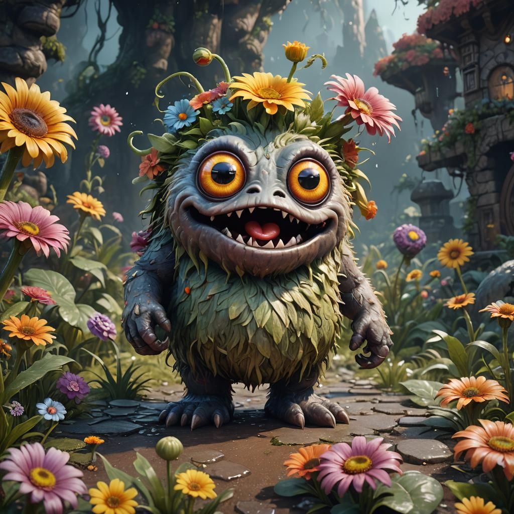 Fluffy Monster with Googly Eyes and Flower, Laughing