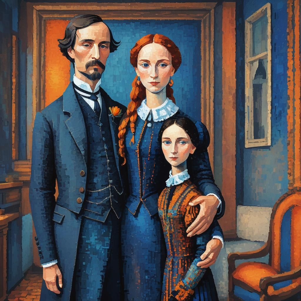 17th Century Dutch Merchant Family Portrait in Pointillist P...