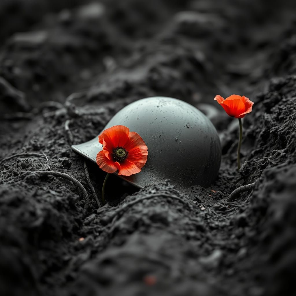 Red Poppy and Soldier's Helmet in Matte Painting Style