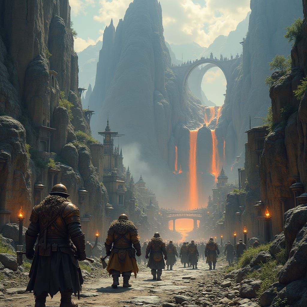 Dwarven City Carved into Mountain with Molten Waterfalls