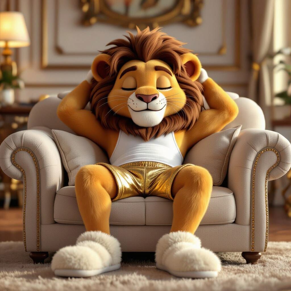 Cartoon Lion Lounges in Luxurious CGI Room