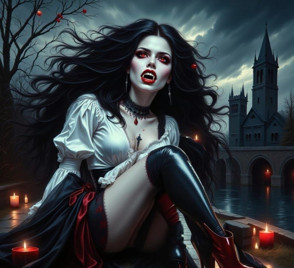 Gothic Vampire Woman in Fairytale Illustration Style