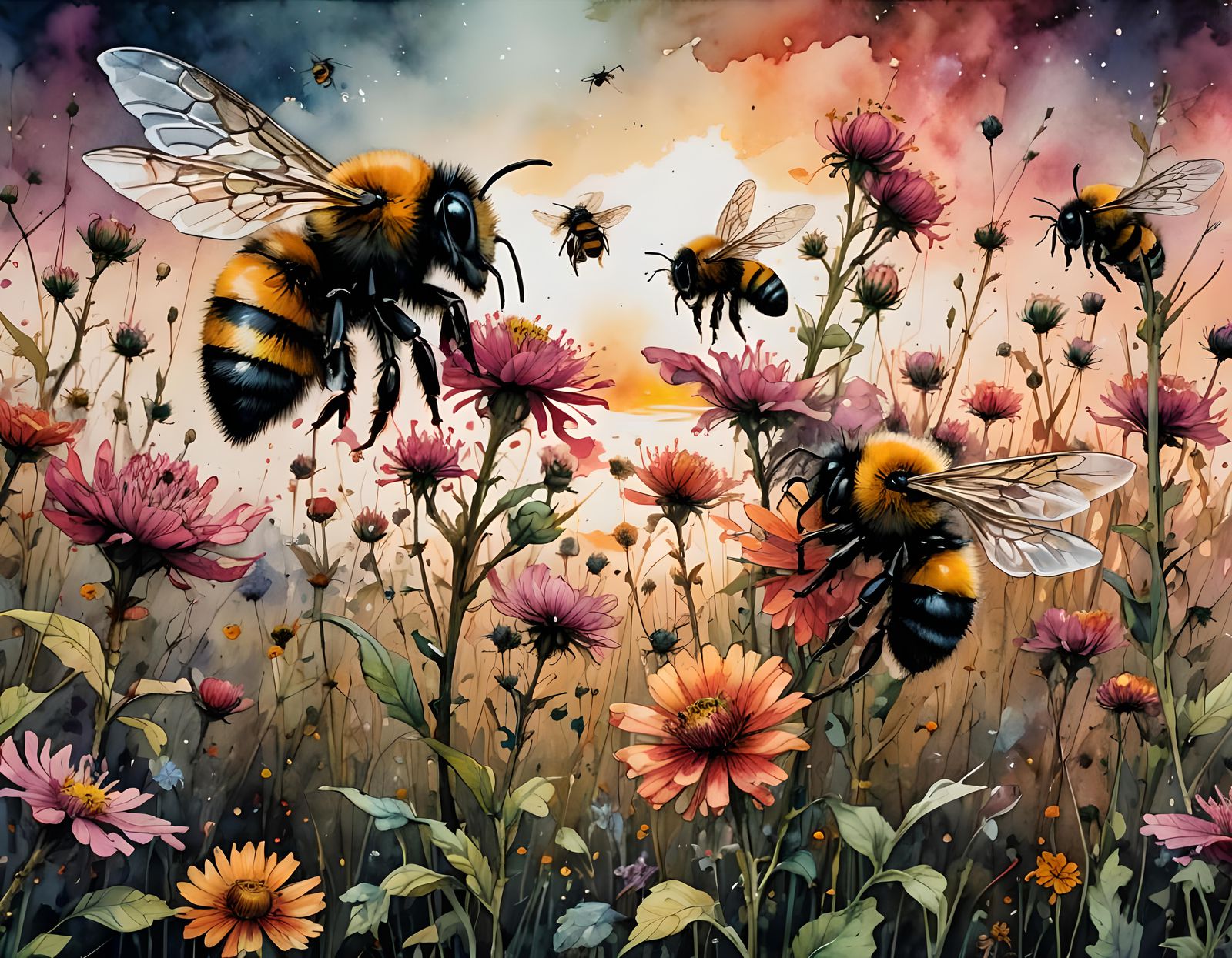 Bumblebees in Watercolor Sunset Flower Field Illustration